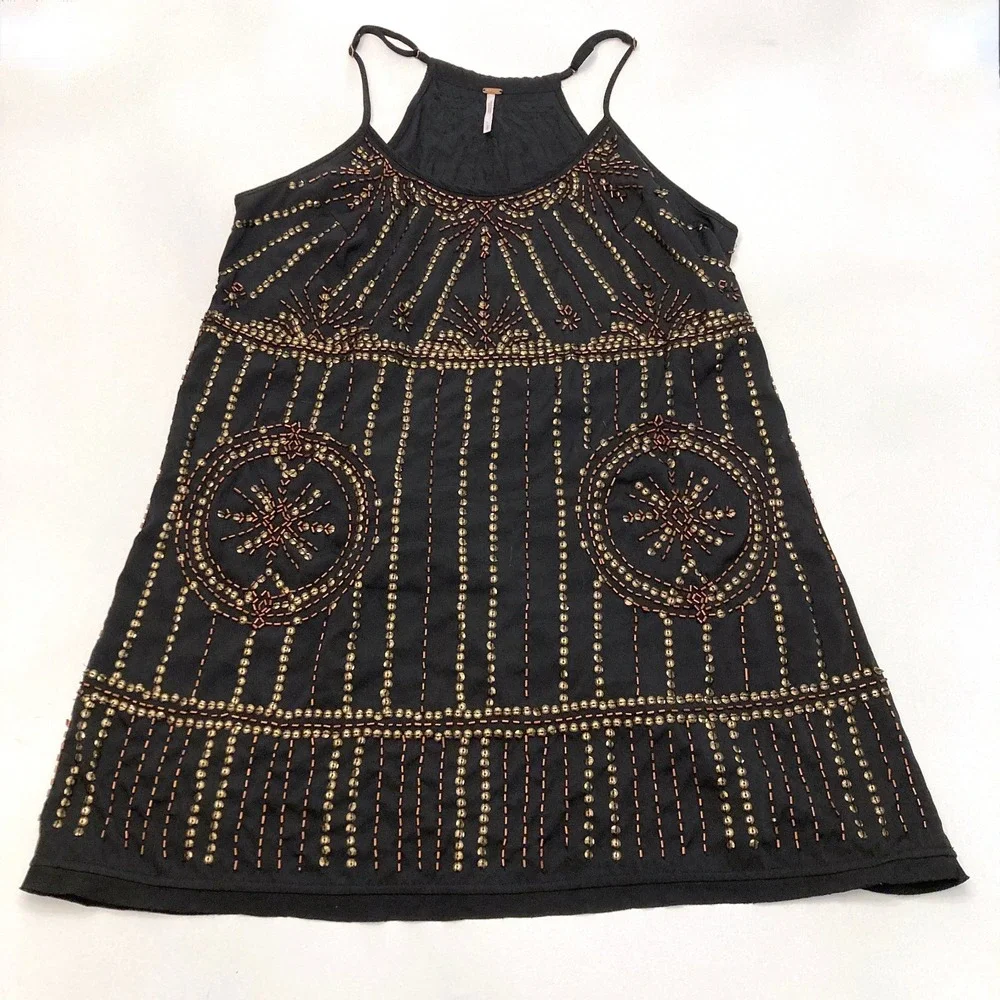 Free People Sedona Mini Slip Dress Beaded Sequin Black Womens Small Shift